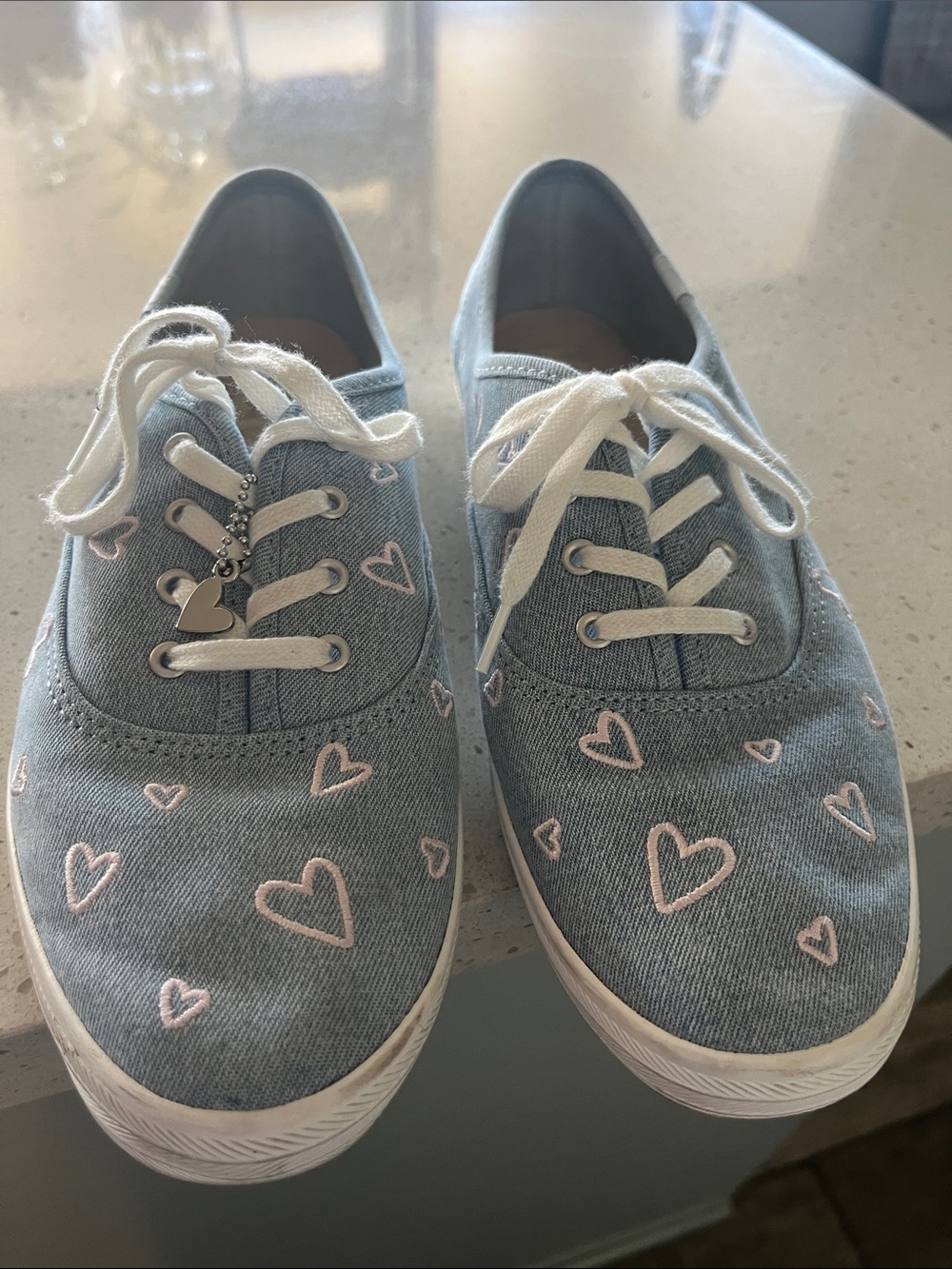 Women’s light Blue Denim Lace-Up Sneakers with Pink Heart Details